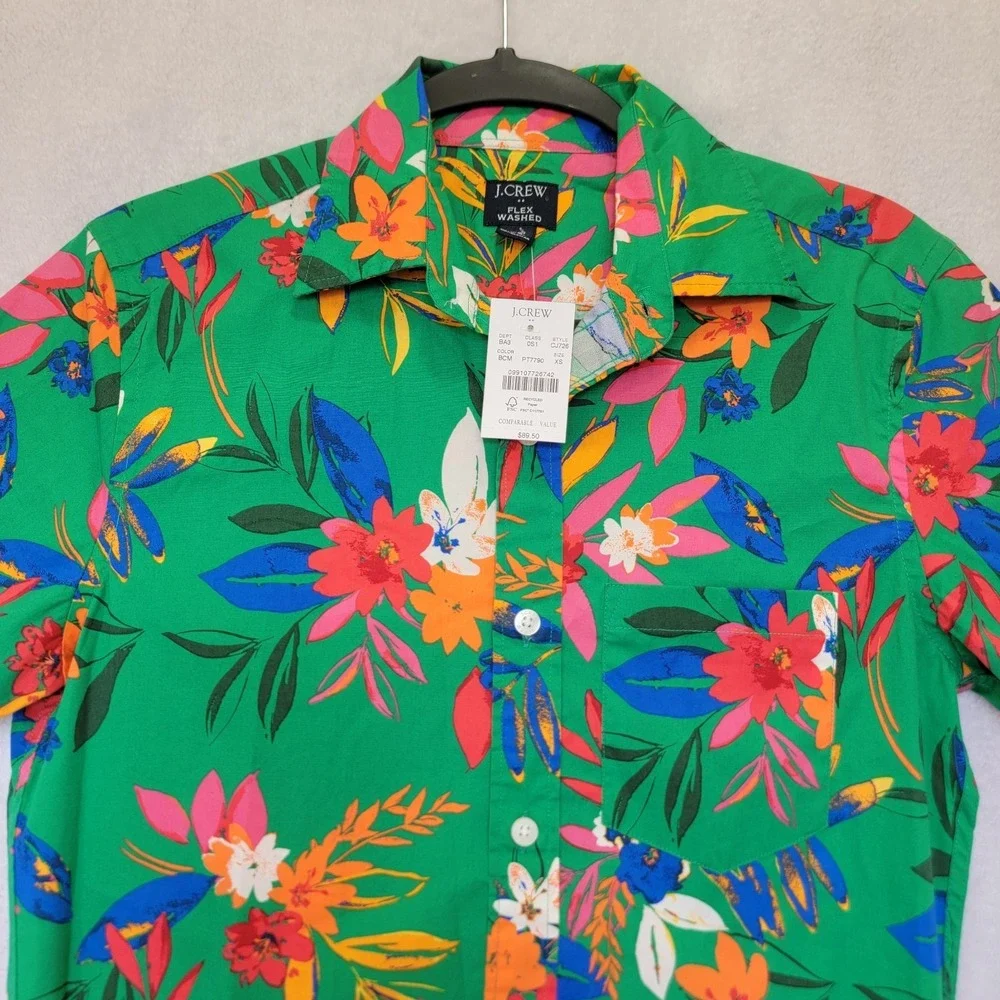 J. Crew Flex Mens Short Sleeve Printed Casual Shirt XS Green Tropical Floral NWT